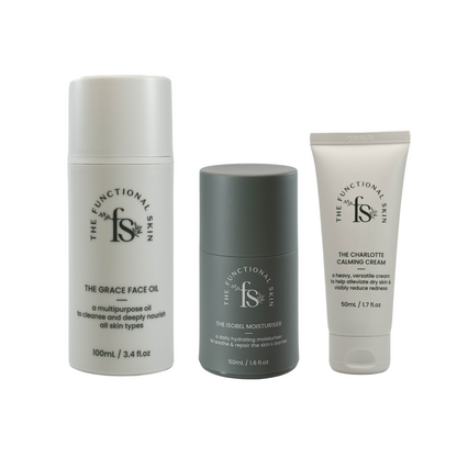 Three skincare products from The Functional Skin on a white background called the Sensitive Skin Bundle

