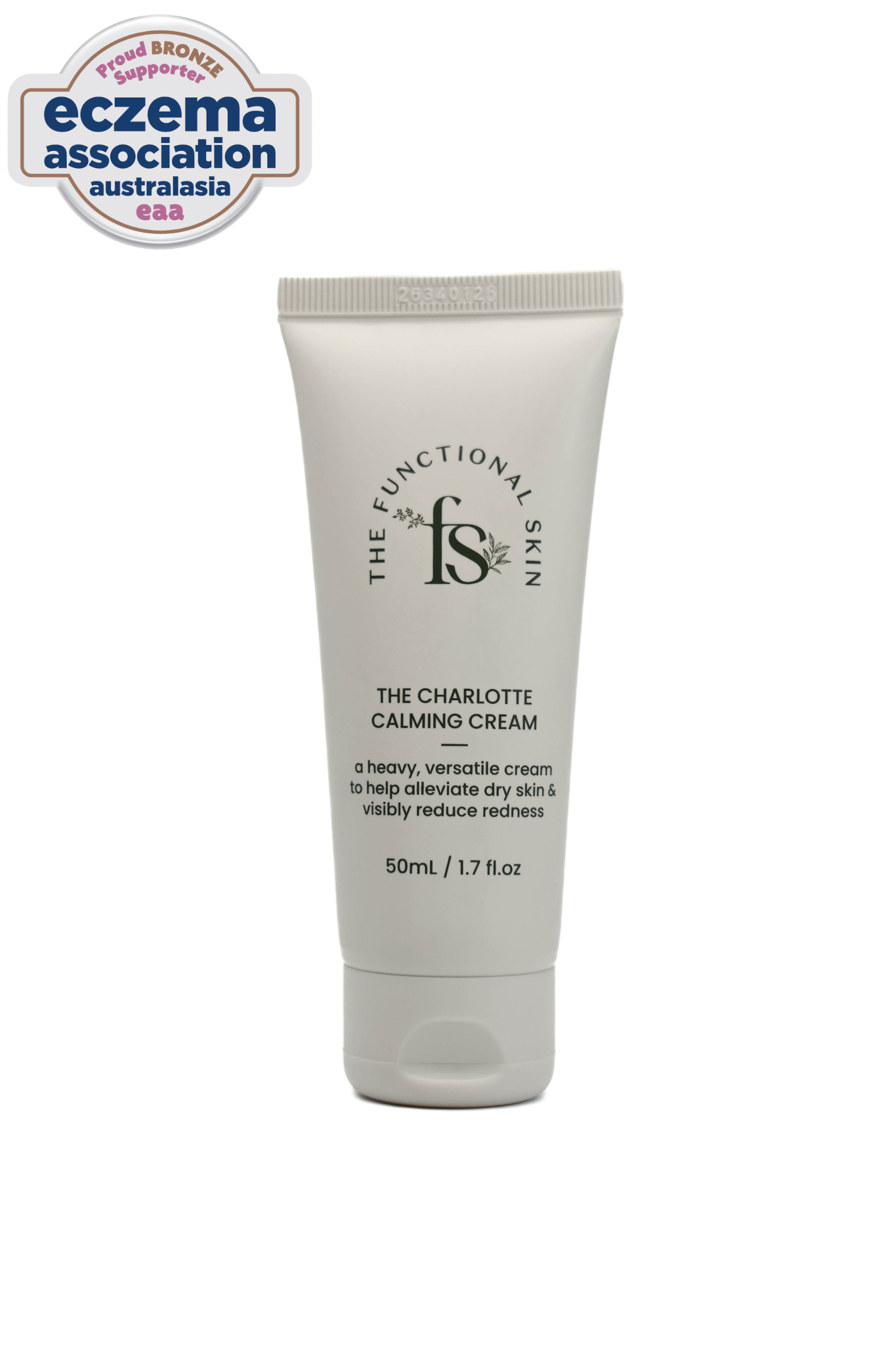 Tube of 'The Charlotte Calming Cream' by The Functional Skin on a white background with Eczema Association Australia logo.