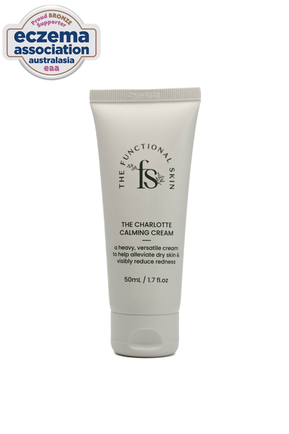 Tube of 'The Charlotte Calming Cream' by The Functional Skin on a white background with Eczema Association Australia logo.