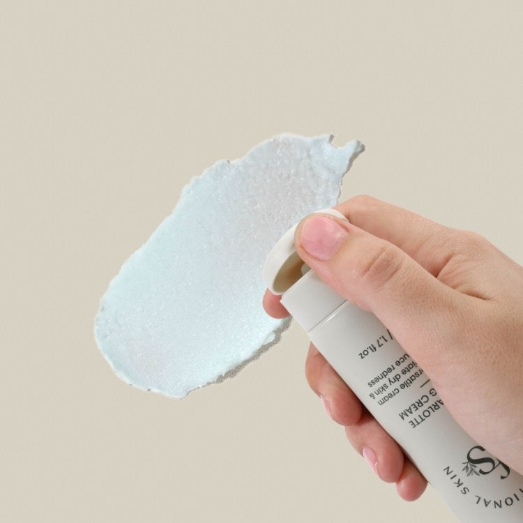 Hand holding a skincare product with a white background