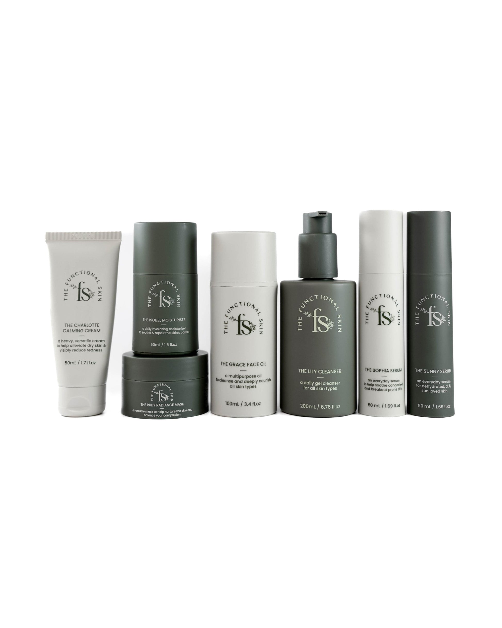 The Complete Functional Skin Collection including cleansers, face oil, serums, moisturiser, cream, and mask on white background
