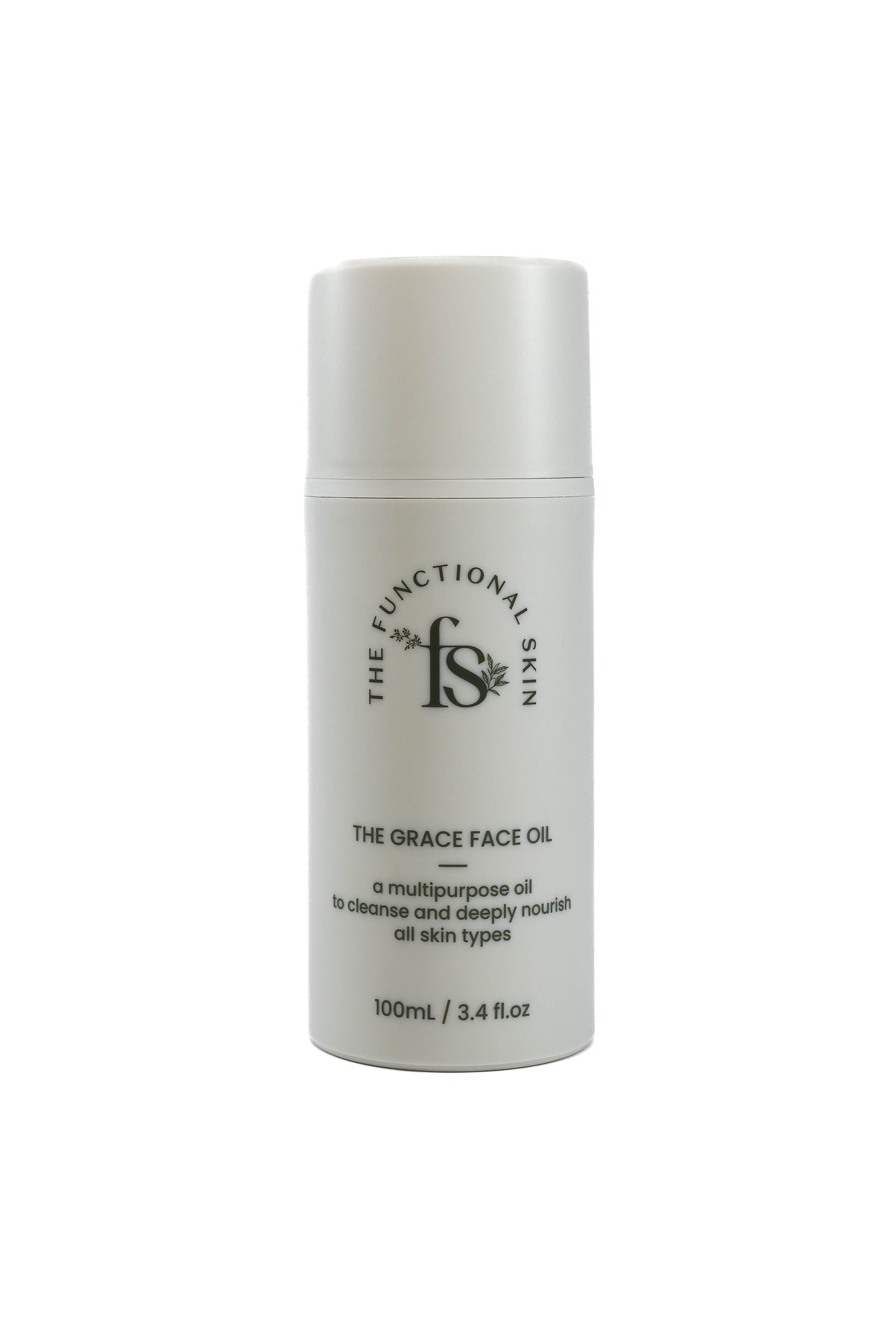 A white bottle with a pump dispenser labeled 'The Grace Face Oil' by The Functional Skin.