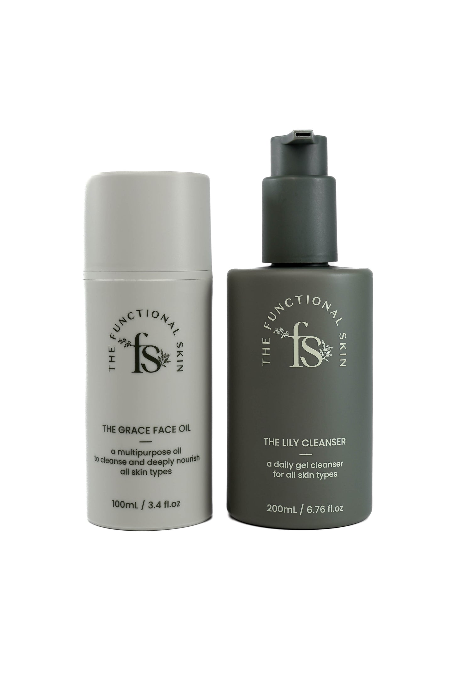 Two skincare products, 'Grace Face Oil' in a white bottle and 'Lily Cleanser' in a dark green bottle, from The Functional Skin.