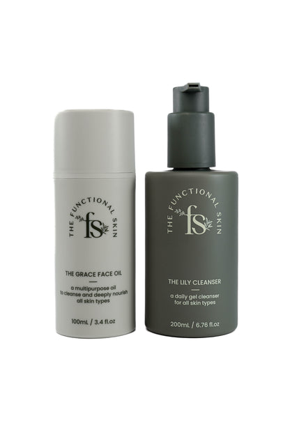 Two skincare products, 'Grace Face Oil' in a white bottle and 'Lily Cleanser' in a dark green bottle, from The Functional Skin.